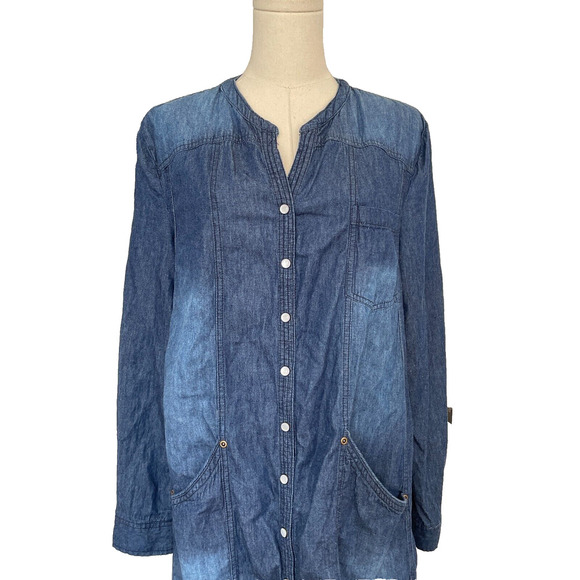 Ellos Western Denim Midi Dress Sz S/M Pearl Button Roll Tab Peasant Cottagecore - Picture 5 of 14